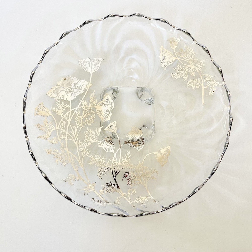 VTG Silver City Flanders Silver Overlay Glass Footed Floral Poppy 10.25" Bowl‎